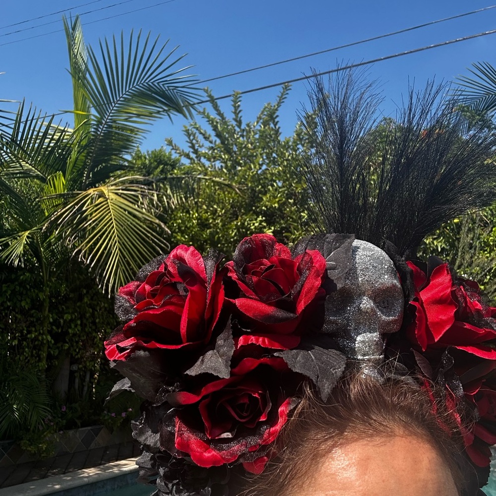Elegant Red and Black Floral Skull Headband